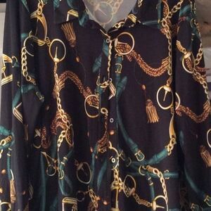 Women's Cache Top Black/Multicolor Chain Print Long Sleeve V-Neck Sz Xl